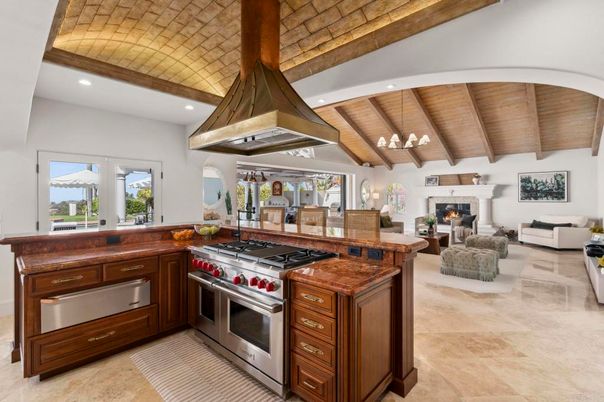 Fireplace, Interior, Kitchen, Living room, Pendant Lights, Recessed Lighting, Stainless Steel Appliances, Wooden Beams, Wooden Ceilings