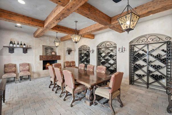 Dining room, Fireplace, Interior, Pendant Lights, Recessed Lighting, Wine Storage, Wooden Beams