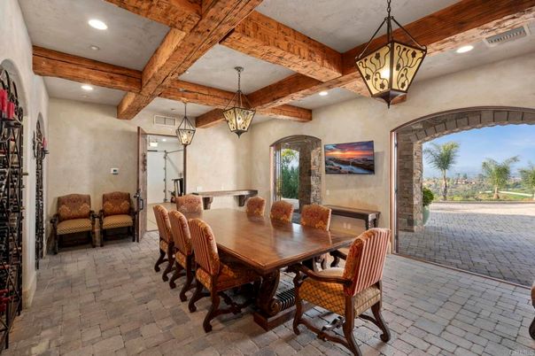 Dining room, Interior, Pendant Lights, Recessed Lighting, Wooden Beams