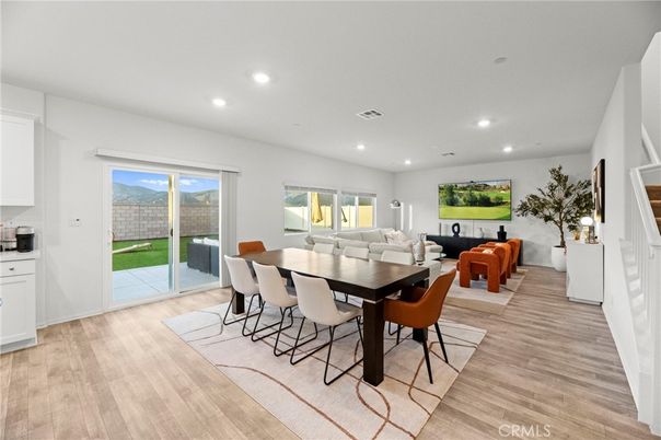 Dining room, Interior, Living room, Recessed Lighting, Wood Texture Flooring