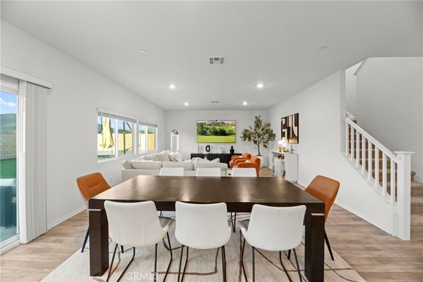 Dining room, Interior, Living room, Recessed Lighting, Wood Texture Flooring