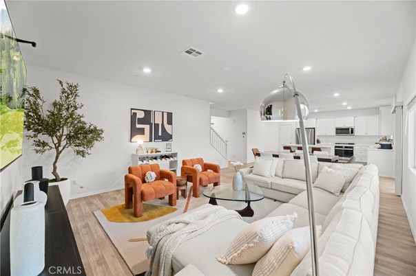 Interior, Kitchen, Living room, Recessed Lighting, Stainless Steel Appliances, Wood Texture Flooring