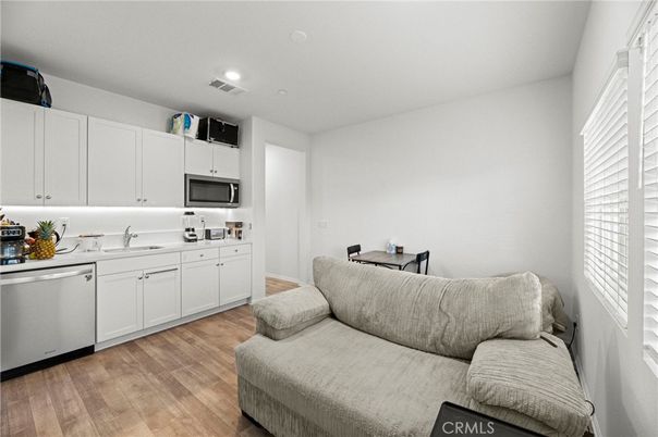 Interior, Kitchen, Living room, Recessed Lighting, Stainless Steel Appliances, Wood Texture Flooring