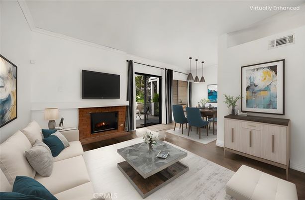 Dining room, Fireplace, Interior, Living room, Pendant Lights, Wood Texture Flooring