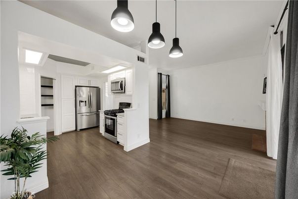 Interior, Kitchen, Pendant Lights, Stainless Steel Appliances, Wood Texture Flooring