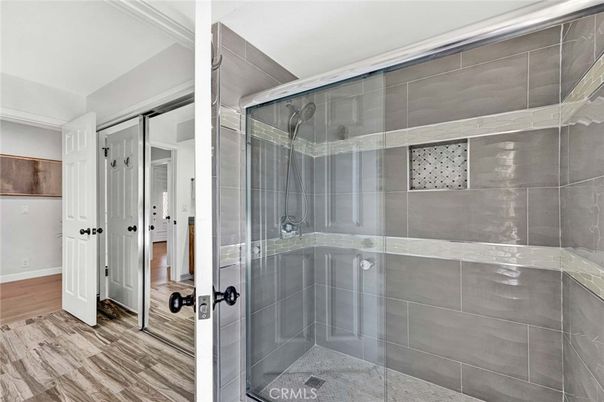 Bathroom, Glass Shower, Interior, Wood Texture Flooring