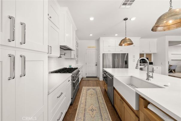 Interior, Kitchen, Pendant Lights, Recessed Lighting, Stainless Steel Appliances, Wood Texture Flooring