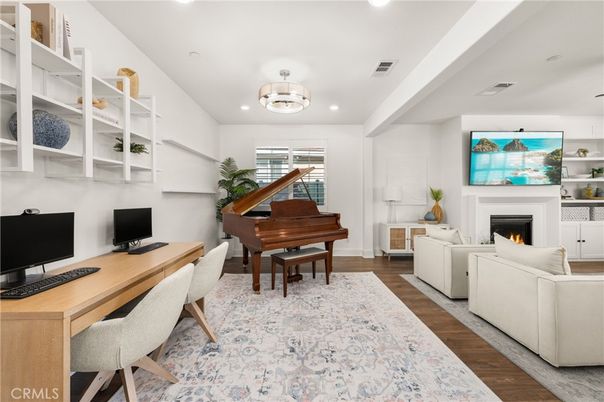 Fireplace, Home Office, Interior, Living room, Pendant Lights, Piano, Recessed Lighting, Wood Texture Flooring