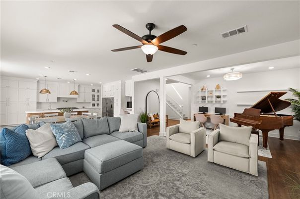 Dining room, Interior, Kitchen, Living room, Pendant Lights, Piano, Recessed Lighting, Wood Texture Flooring