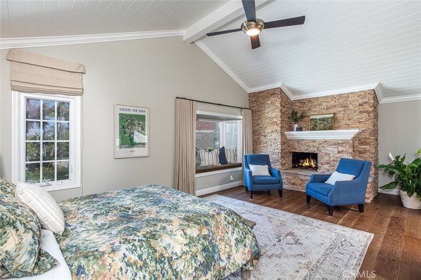 Bedroom, Fireplace, Interior, Stone Walls, Wood Texture Flooring