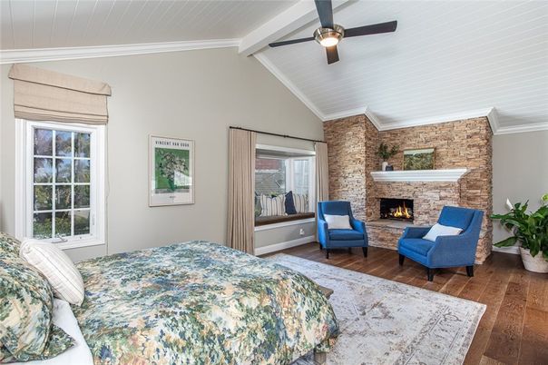 Bedroom, Fireplace, Interior, Stone Walls, Wood Texture Flooring