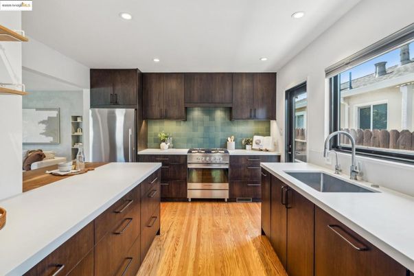 Interior, Kitchen, Recessed Lighting, Stainless Steel Appliances, Wood Texture Flooring