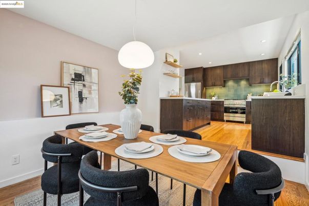 Dining room, Interior, Kitchen, Pendant Lights, Recessed Lighting, Stainless Steel Appliances, Wood Texture Flooring