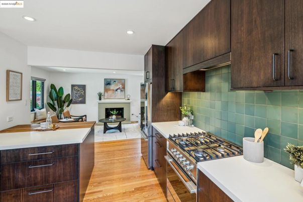 Dining room, Fireplace, Interior, Kitchen, Living room, Recessed Lighting, Wood Texture Flooring