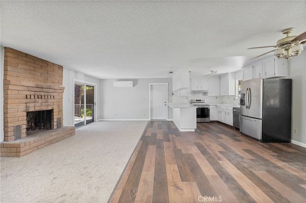 Empty room, Fireplace, Interior, Kitchen, Stone Walls, Wood Texture Flooring