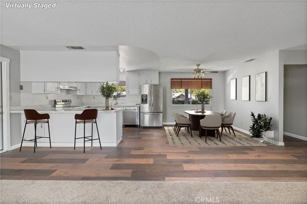 Dining room, Interior, Kitchen, Stainless Steel Appliances, Wood Texture Flooring