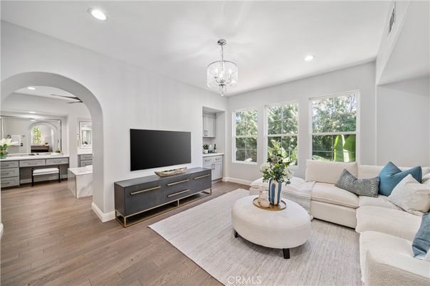 Chandelier, Interior, Living room, Recessed Lighting, Wood Texture Flooring