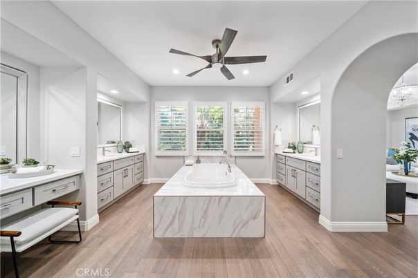 Bathroom, Dual Sink Vanities, Interior, Recessed Lighting, Wood Texture Flooring