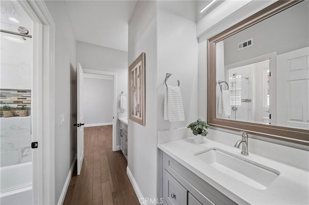 Bathroom, Interior, Marble Walls, Wood Texture Flooring