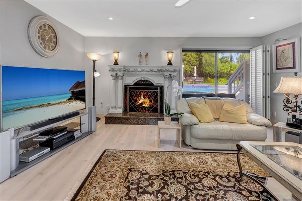 Fireplace, Interior, Living room, Recessed Lighting, Wood Texture Flooring