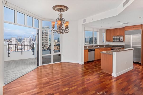 Chandelier, Interior, Kitchen, Recessed Lighting, Stainless Steel Appliances, Wood Texture Flooring