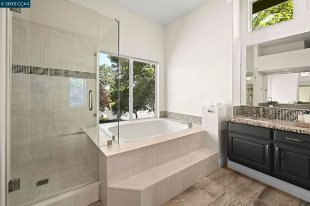 Bathroom, Glass Shower, Interior, Wood Texture Flooring