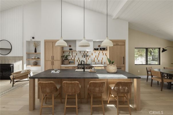 Dining room, Fireplace, Interior, Kitchen, Pendant Lights, Wood Texture Flooring