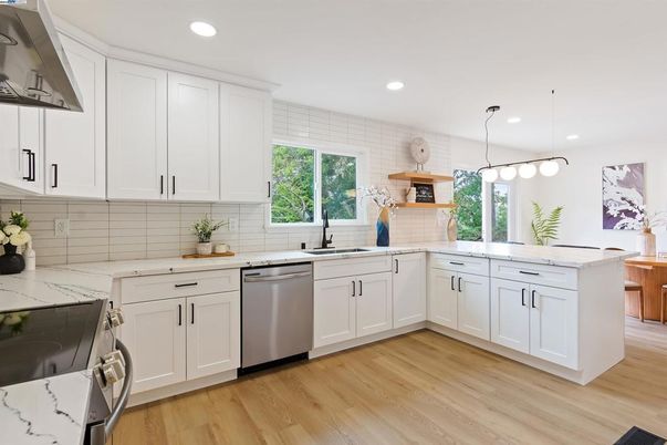 Interior, Kitchen, Pendant Lights, Recessed Lighting, Stainless Steel Appliances, Wood Texture Flooring
