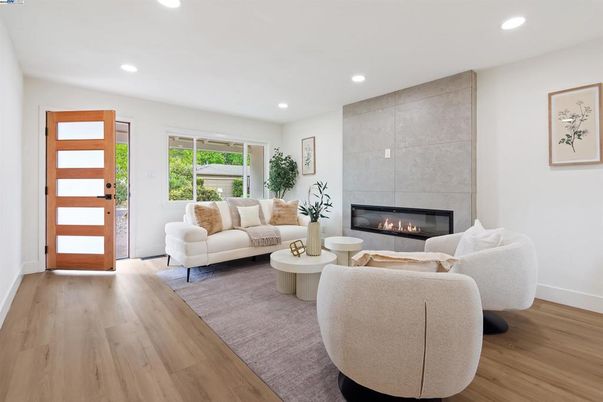 Fireplace, Interior, Living room, Recessed Lighting, Wood Texture Flooring
