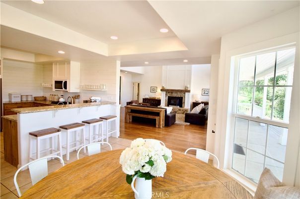 Dining room, Fireplace, Interior, Kitchen, Living room, Recessed Lighting, Wood Texture Flooring