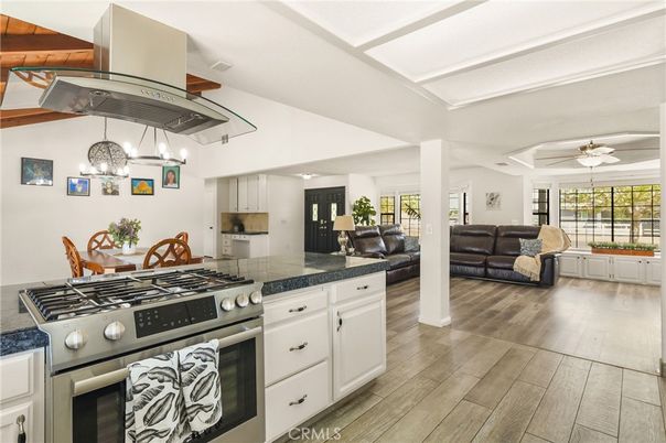 Dining room, Interior, Kitchen, Living room, Pendant Lights, Stainless Steel Appliances, Wood Texture Flooring