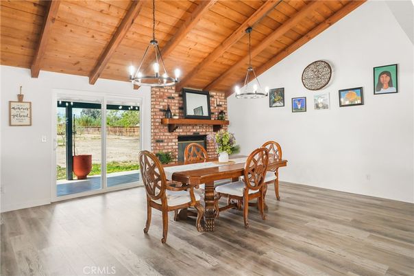 Chandelier, Dining room, Fireplace, Interior, Pendant Lights, Wooden Beams, Wooden Ceilings, Wood Texture Flooring