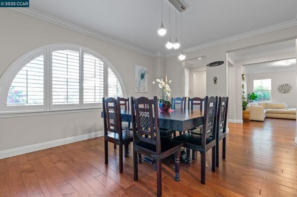 Dining room, Interior, Pendant Lights, Wood Texture Flooring