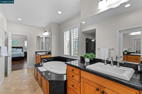 Bathroom, Bedroom, Dual Sink Vanities, Interior, Recessed Lighting, Wood Texture Flooring