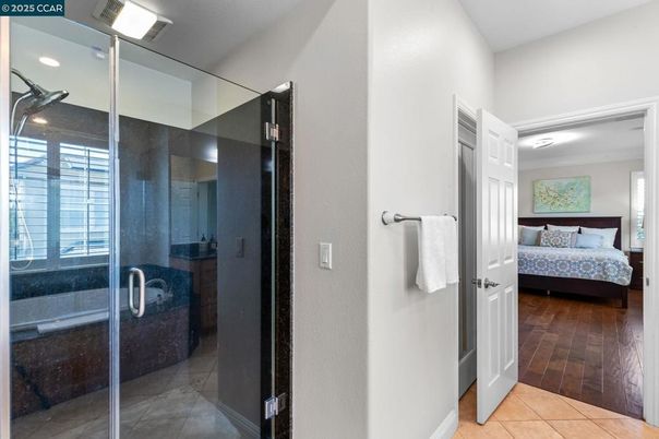 Bathroom, Bedroom, Glass Shower, Interior, Recessed Lighting, Wood Texture Flooring