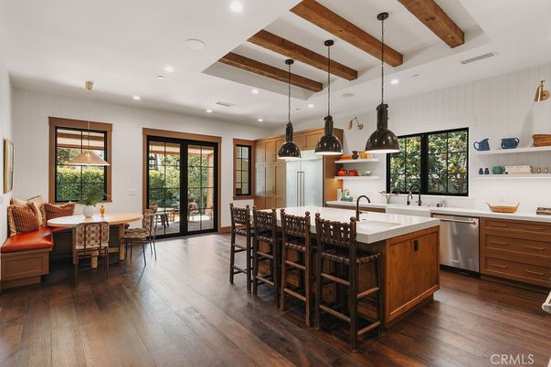 Dining room, Interior, Kitchen, Pendant Lights, Recessed Lighting, Stainless Steel Appliances, Wooden Beams, Wood Texture Flooring