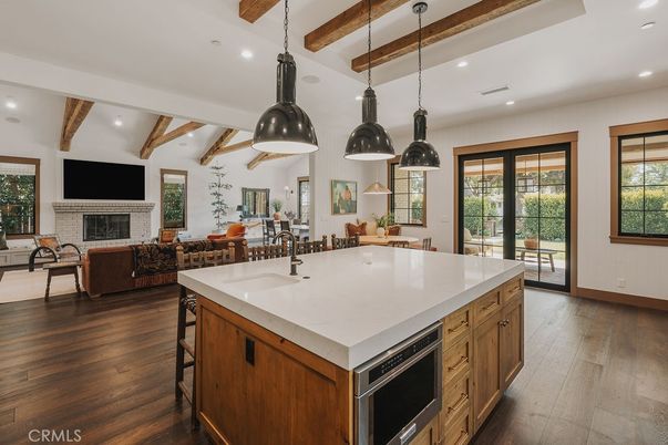 Dining room, Fireplace, Interior, Kitchen, Living room, Pendant Lights, Recessed Lighting, Wooden Beams, Wood Texture Flooring