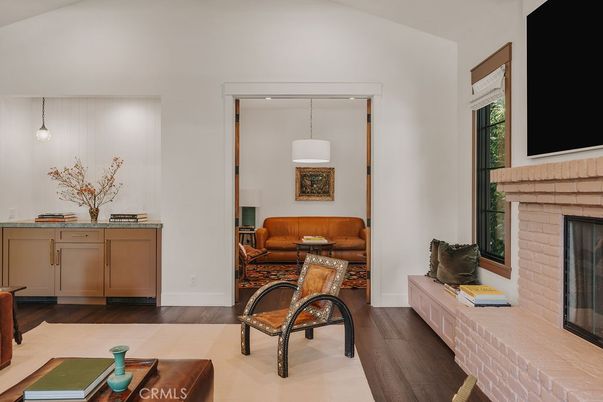 Fireplace, Interior, Living room, Pendant Lights, Stone Walls, Wood Texture Flooring