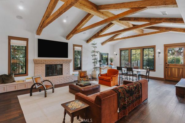 Dining room, Fireplace, Interior, Living room, Recessed Lighting, Wooden Beams, Wood Texture Flooring