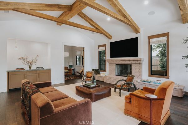 Fireplace, Interior, Living room, Recessed Lighting, Wooden Beams, Wood Texture Flooring