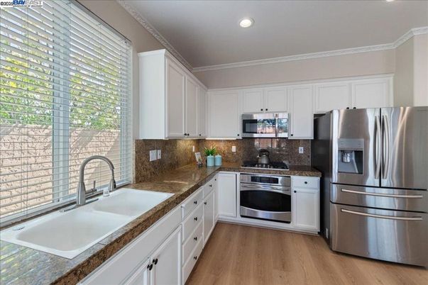 Interior, Kitchen, Recessed Lighting, Stainless Steel Appliances, Wood Texture Flooring
