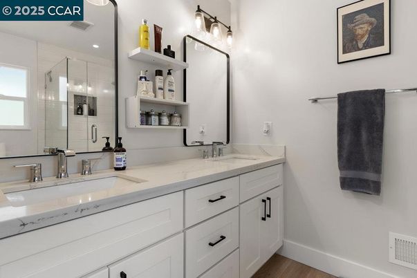 Bathroom, Dual Sink Vanities, Interior, Wood Texture Flooring