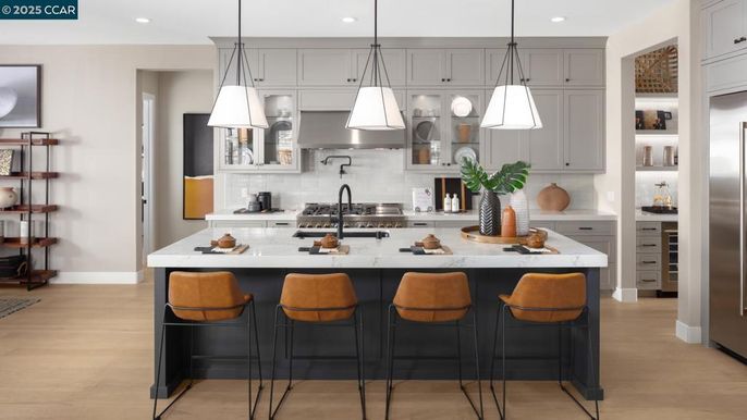 Interior, Kitchen, Pendant Lights, Recessed Lighting, Stainless Steel Appliances, Wood Texture Flooring