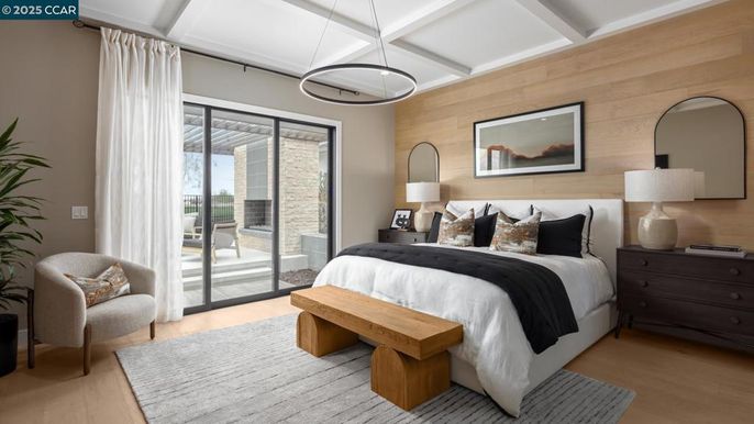 Bedroom, Interior, Pendant Lights, Wood Texture Flooring