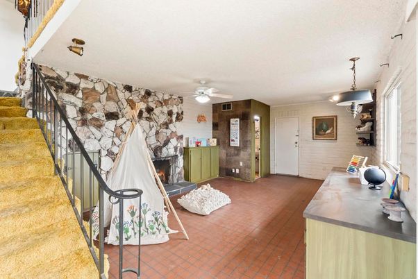 Fireplace, Interior, Pendant Lights, Stone Walls