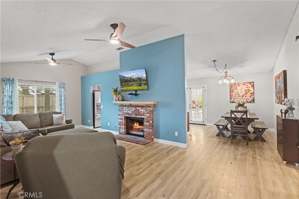 Dining room, Fireplace, Interior, Living room, Pendant Lights, Wood Texture Flooring