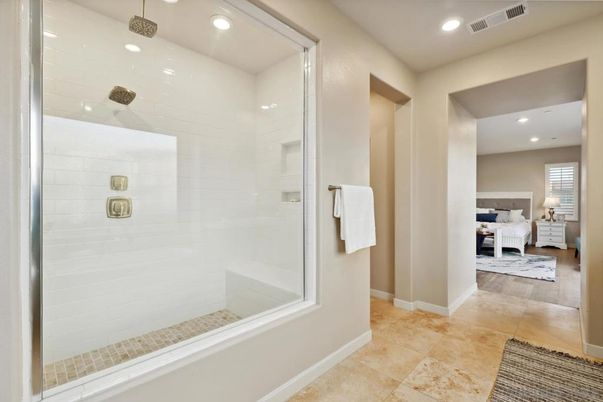 Bathroom, Bedroom, Glass Shower, Interior, Recessed Lighting, Wood Texture Flooring