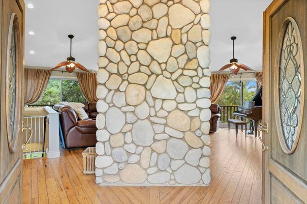 Interior, Piano, Recessed Lighting, Stone Walls, Wood Texture Flooring