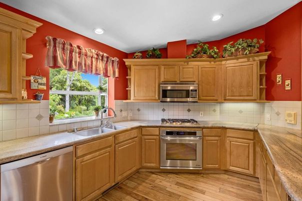 Interior, Kitchen, Recessed Lighting, Stainless Steel Appliances, Wood Texture Flooring