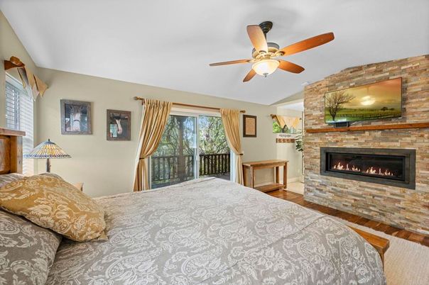 Bedroom, Fireplace, Interior, Stone Walls, Wood Texture Flooring